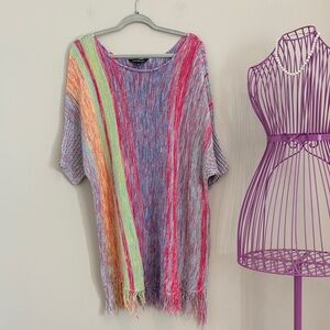 DAVI & DANI Tunic Sweater with Purple Knit Rainbow Stripe and Dolman Fringe.